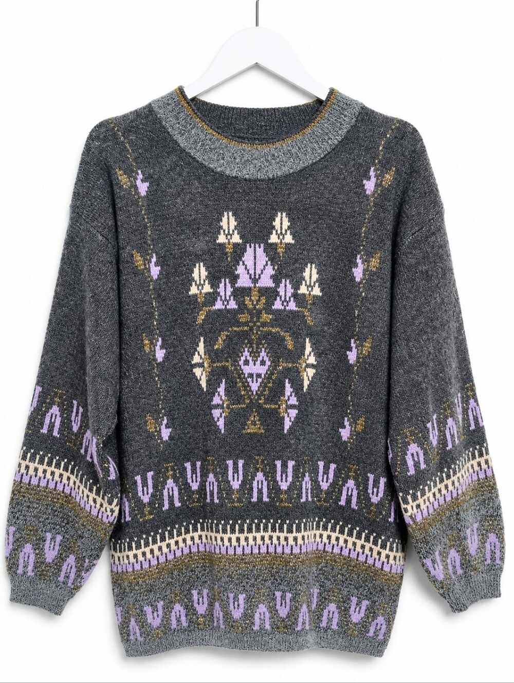 ​Vintage Weekend Edition Gray Floral Knit Sweater Metallic Lurex Accent